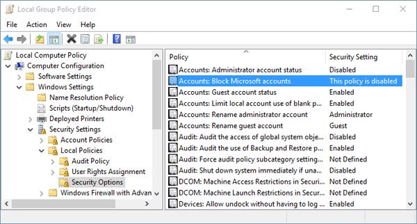 disable microsoft account on windows 10