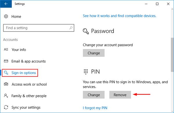 remove pin code windows 10